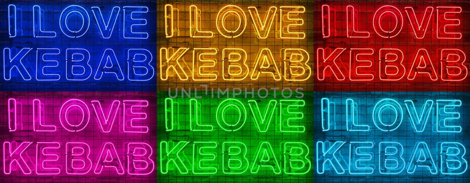 Banner of six neon shining signs of different colors on a brick wall with the inscription or slogan I love kebab. Brick wall, background. Bright electric neon light. Cafe-restaurant Doner Kebab