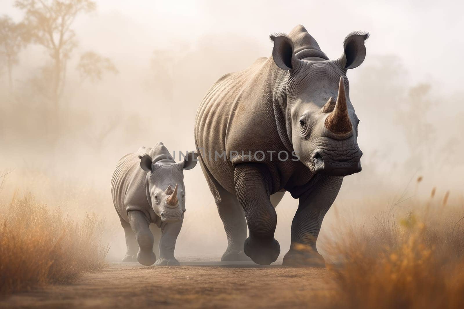 Mother and baby rhino in the savanna at sunset. Amazing African Wildlife. Generative Ai.