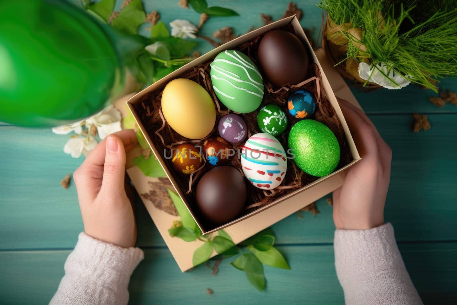woman hold chocolate elegant Easter eggs, in a box. AI generative.
