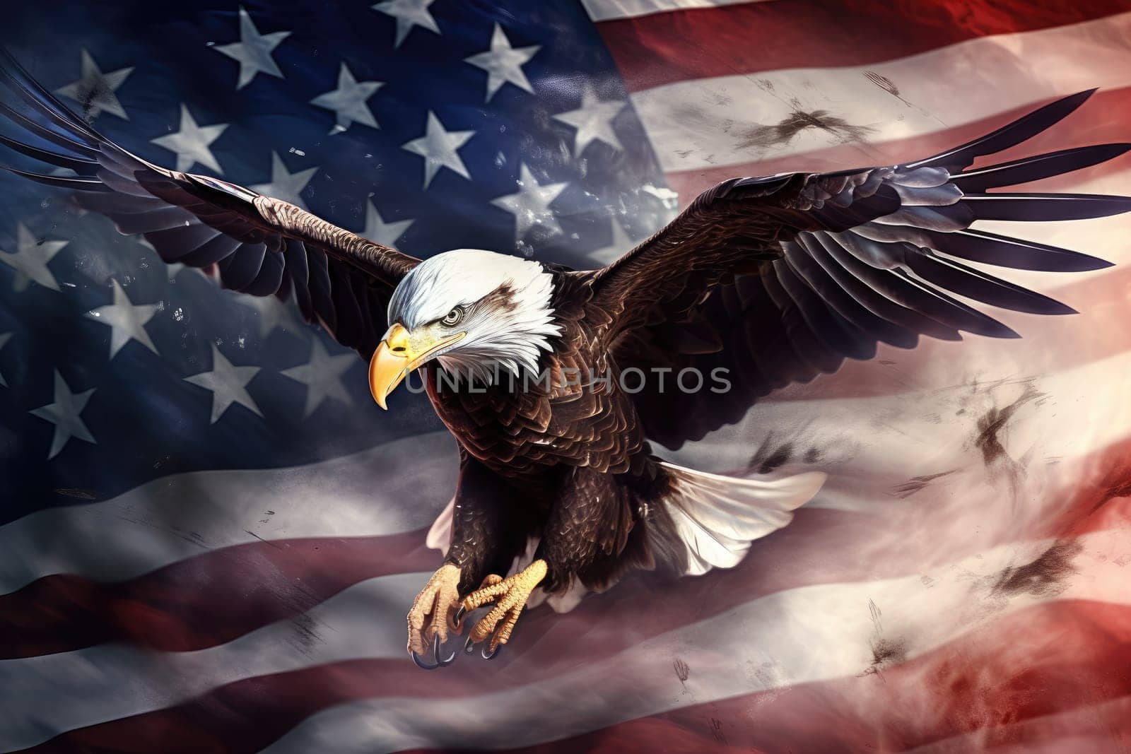 Illustration of an eagle on the background of the American flag closeup. Ai generation by matamnad