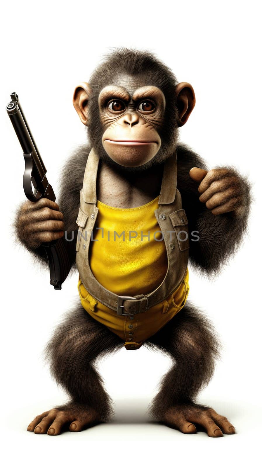 a monkey hold a gun in white background. Generative AI. by matamnad