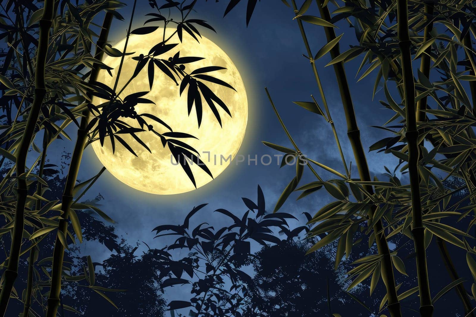 exposure of bamboo forest and full moon in the night sky. Generative AI.