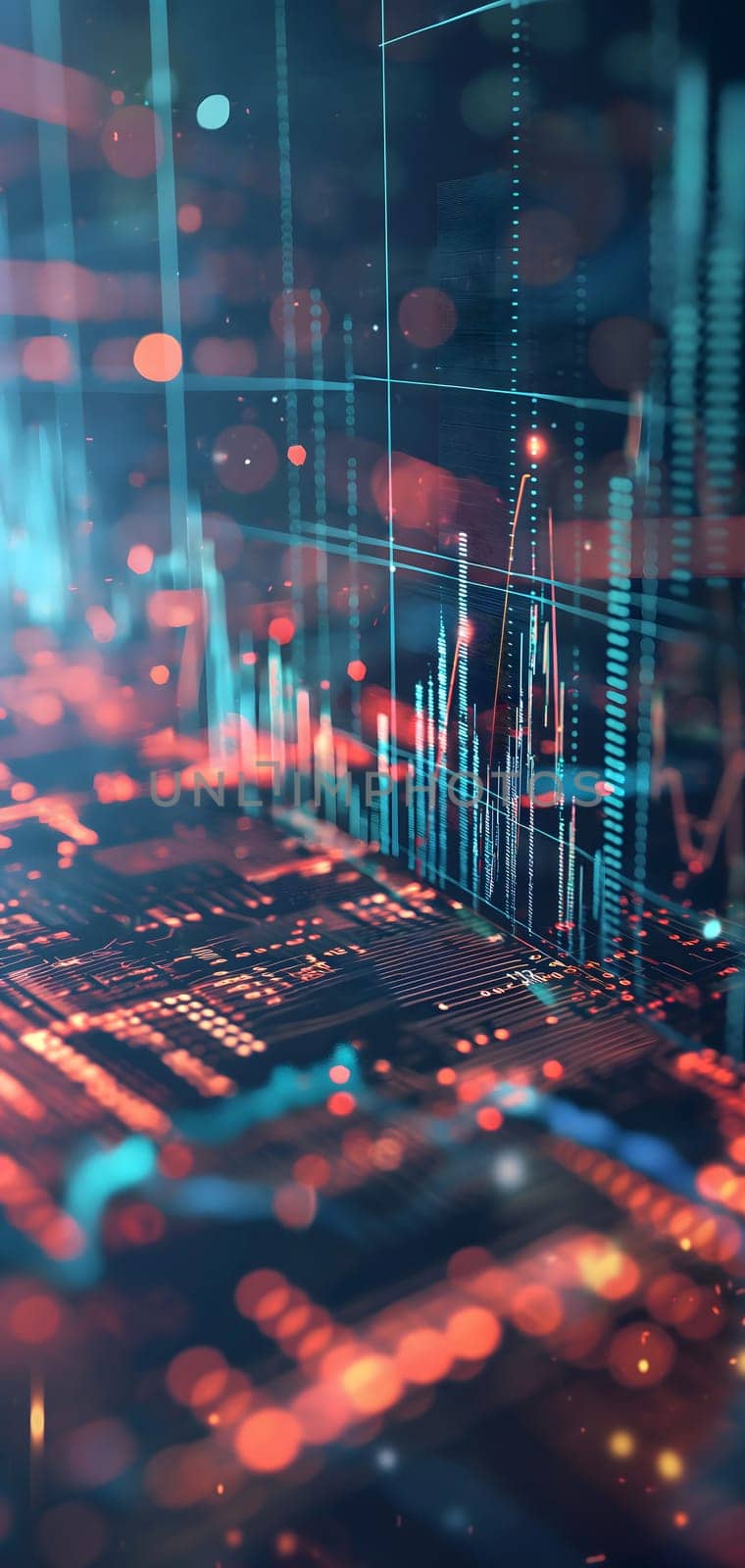 Dynamic Finance Flow, Double Exposure of Data and Technology background. Neural network generated image. Not based on any actual scene or pattern.