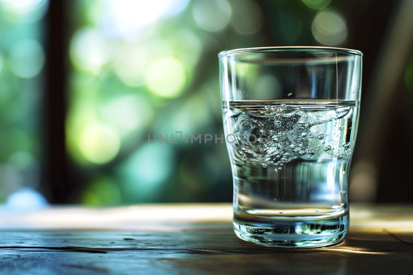 Glass of clean drinking water with selective sharp focus on wooden table with blurry green foliage at sunny day. Neural network generated in January 2024. Not based on any actual scene or pattern.