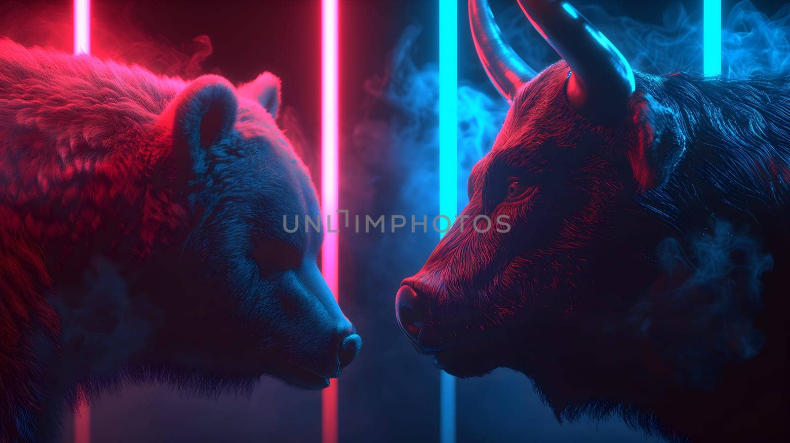 Bear and bull going head to head with pink and cyan neon lighting. Neural network generated image. Not based on any actual person or scene.