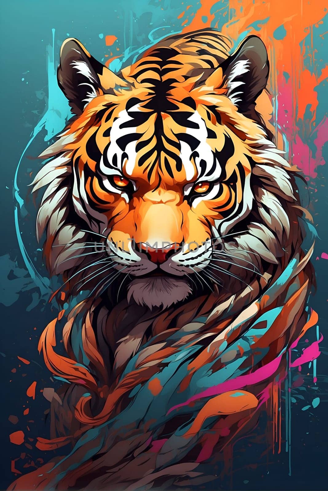 A tiger with vibrant paint splatters on its face gazes intently at the camera.