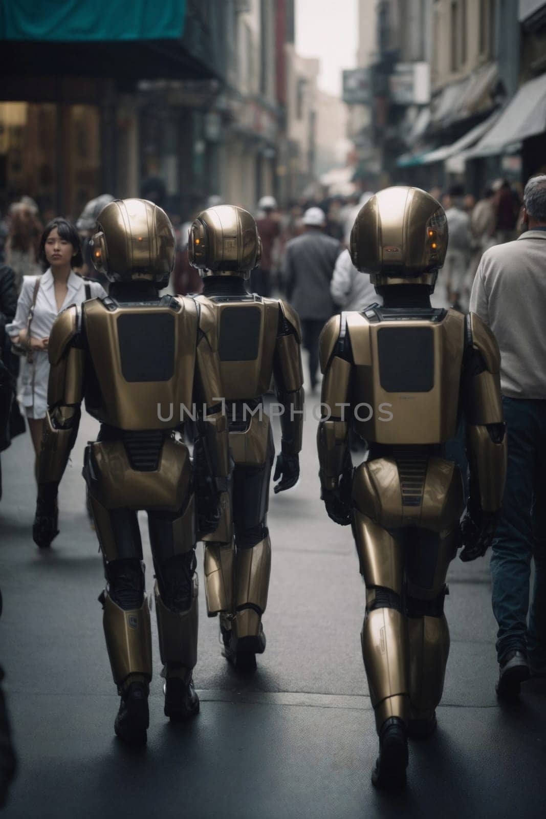 A diverse group of individuals in various cosplay costumes walking down a busy city street during a convention.