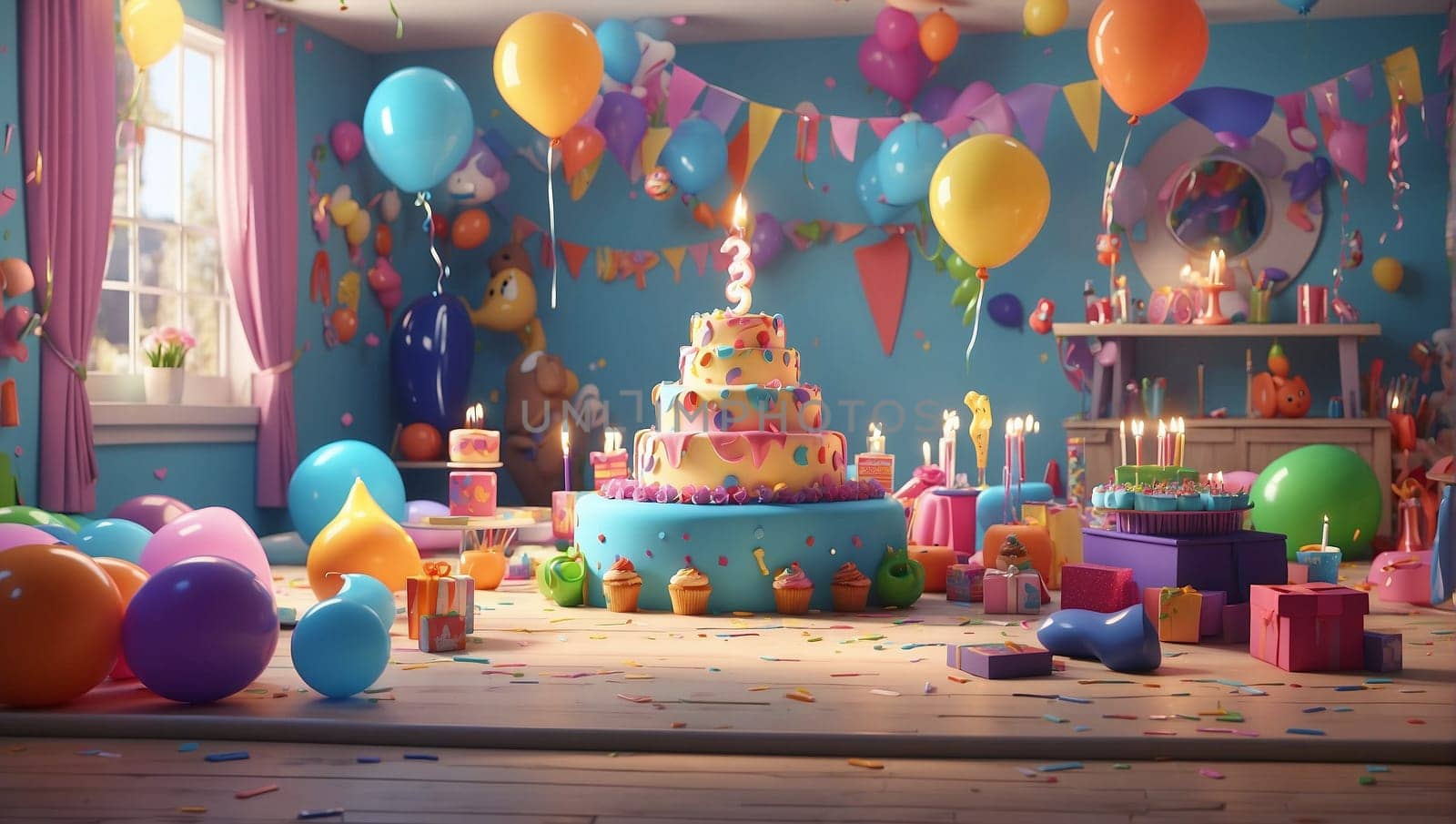 A vibrant birthday cake sits at the center of a festive scene, adorned with colorful balloons and streamers.