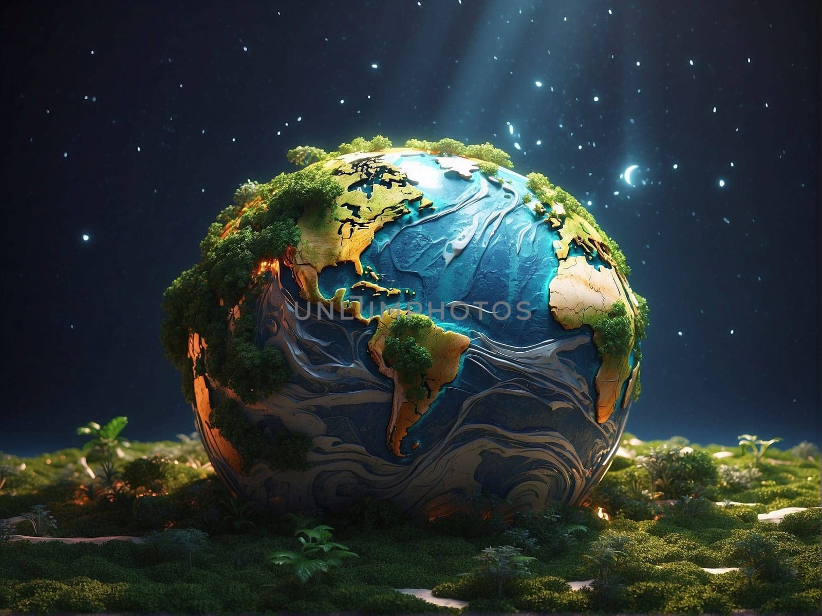 A photo capturing an Earth globe positioned in the center of an open field, surrounded by green grass, under a blue sky with fluffy clouds.