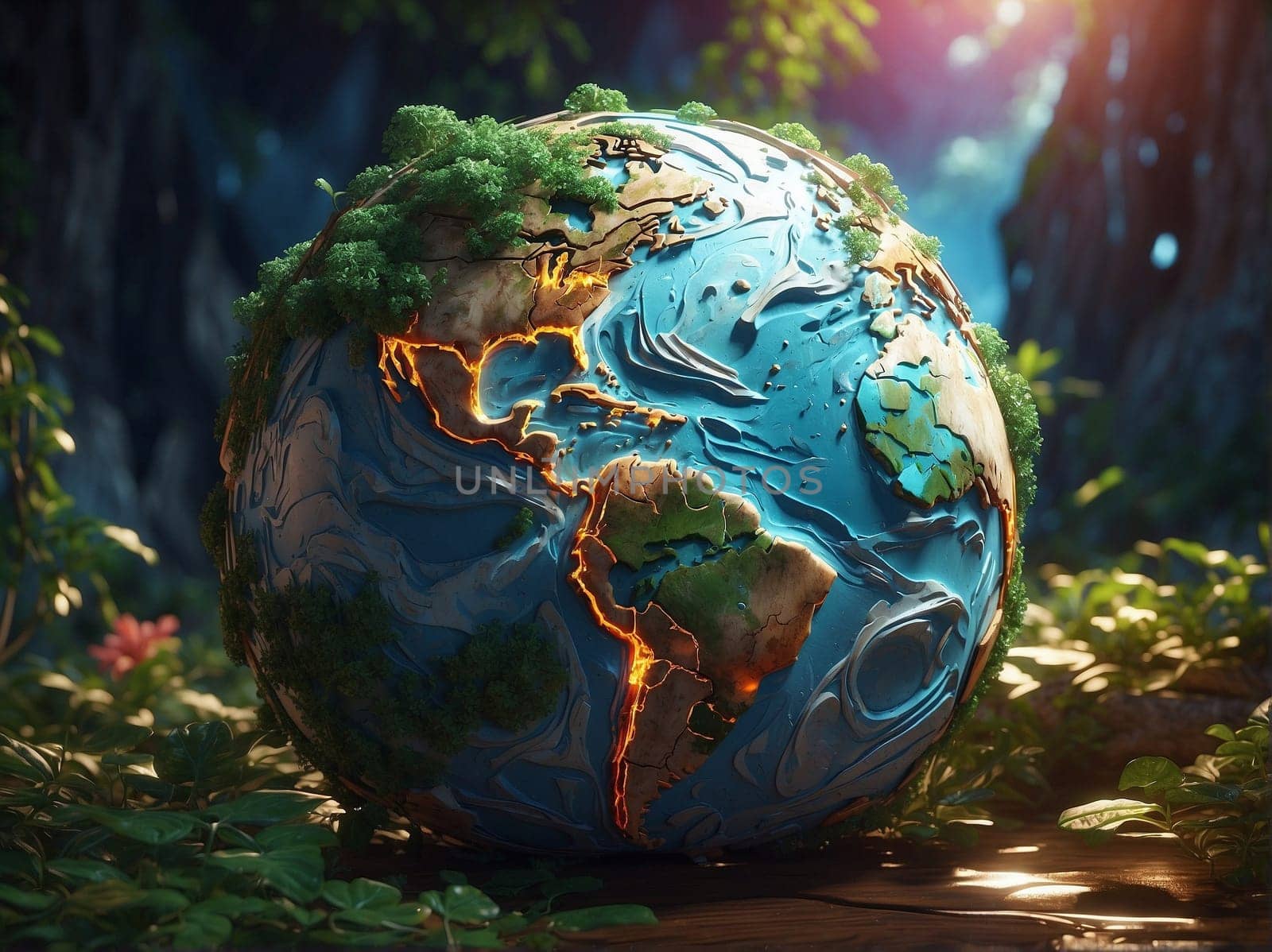 A blue and green globe sits amongst the trees in a forest.
