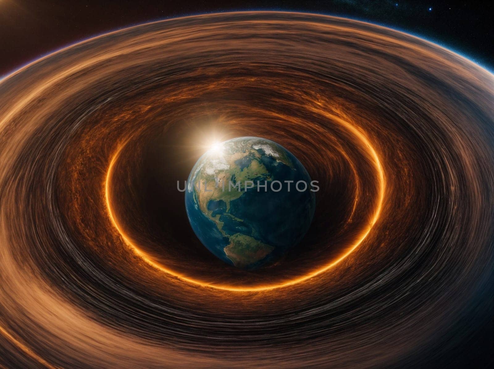 A digital painting depicting a black hole in space, surrounded by a swirling disk of accreting matter.
