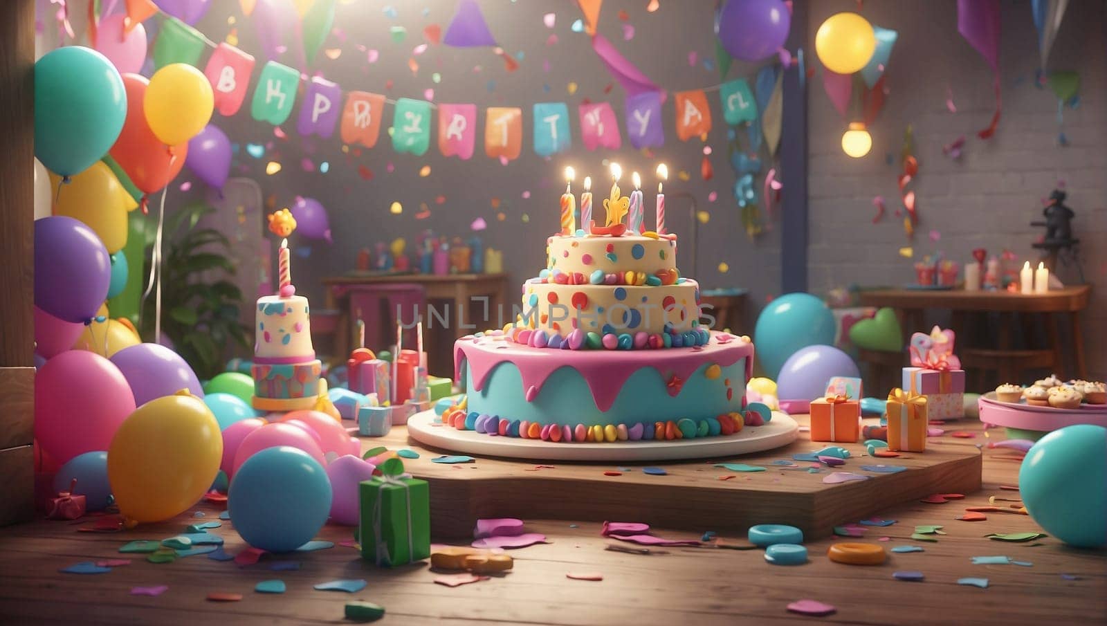 Colorful Birthday Cake Surrounded by Balloons and Confetti. Generative AI. by artofphoto