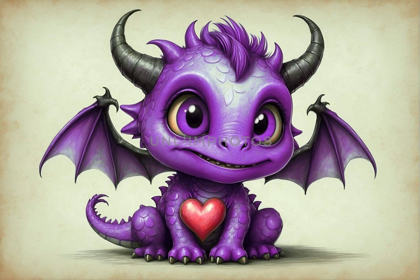 Purple Dragon With Horns and a Heart: Majestic Mythical Creature. Generative AI. by artofphoto