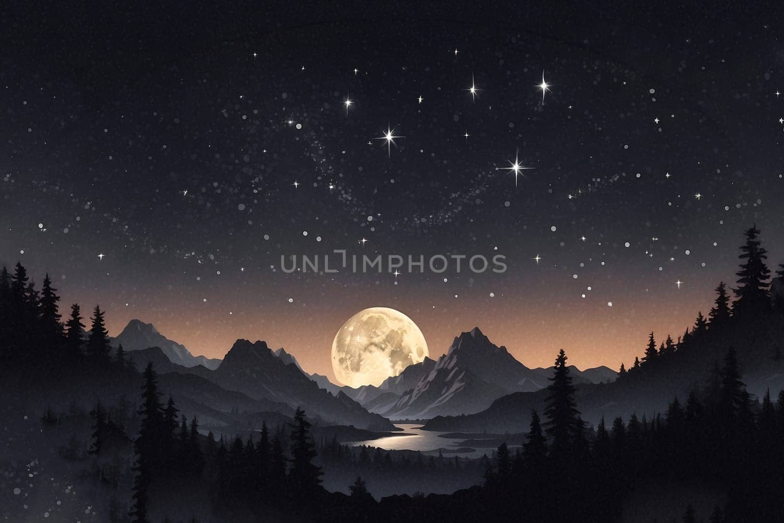 A captivating photo capturing the beauty of a night scene illuminated by a full moon and adorned with twinkling stars.
