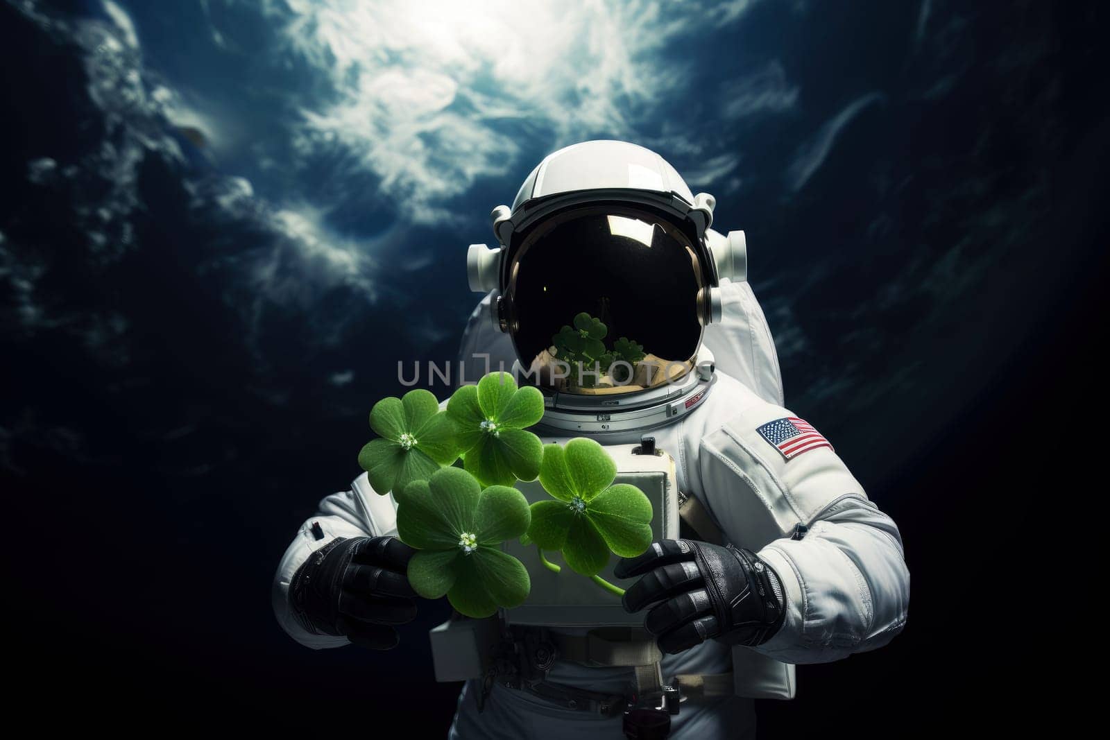 An astronaut holding a shamrock Patrick leaf on the moon, . Generative AI..