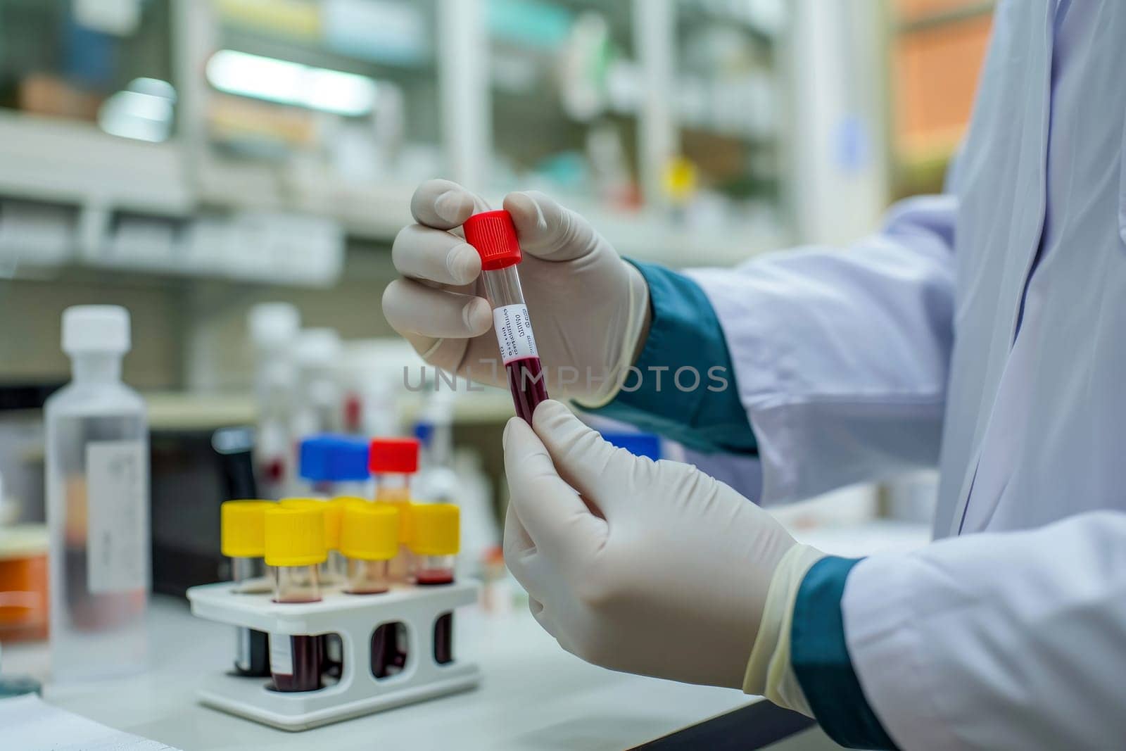 Doctor holding blood tube test in the research laboratory. health for check up . Generative ai.