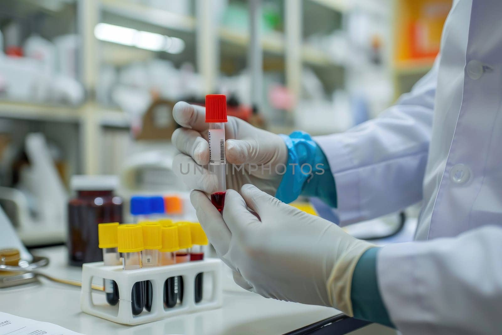 Doctor holding blood tube test in the research laboratory. health for check up . Generative ai.