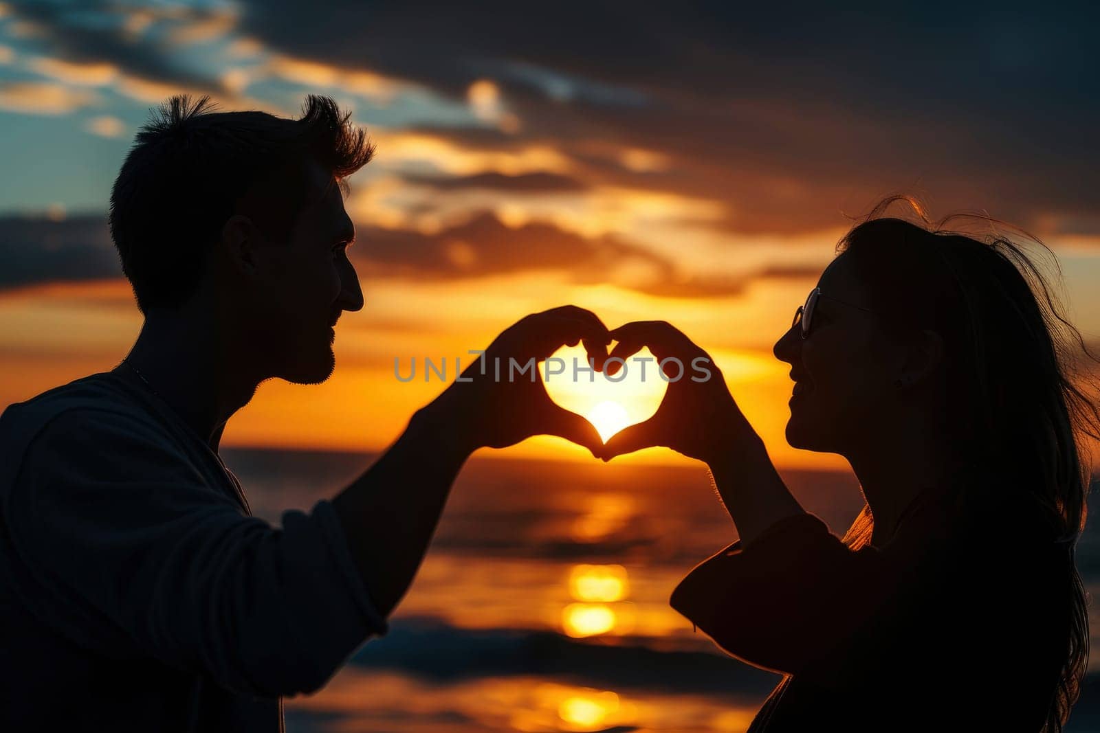 A couple of love makes a heart-shaped gesture, while the sunset. AI Background by matamnad