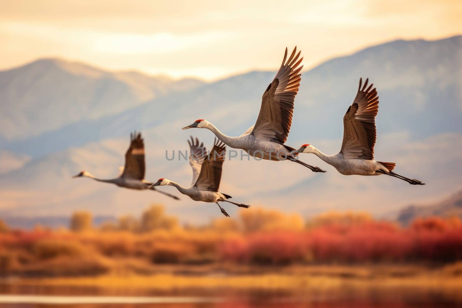 A flock of Sandhill Cranes during their fall migration. AI generative.