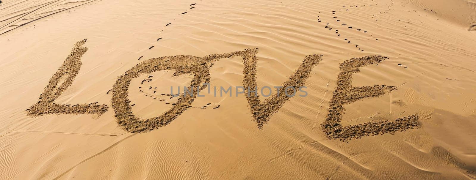 A sand scene at dusk with a LOVE Word drawn in the sand .Ai Generative by matamnad