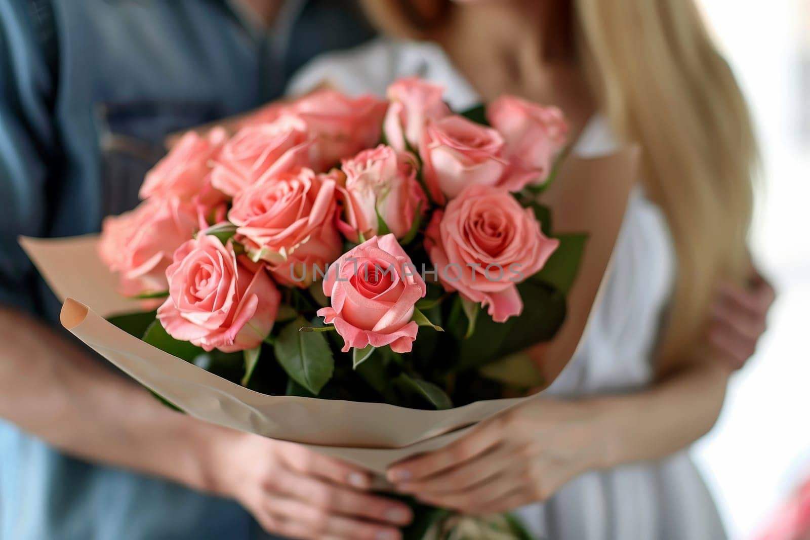 a woman holding a bouquet of roses.ai generative.