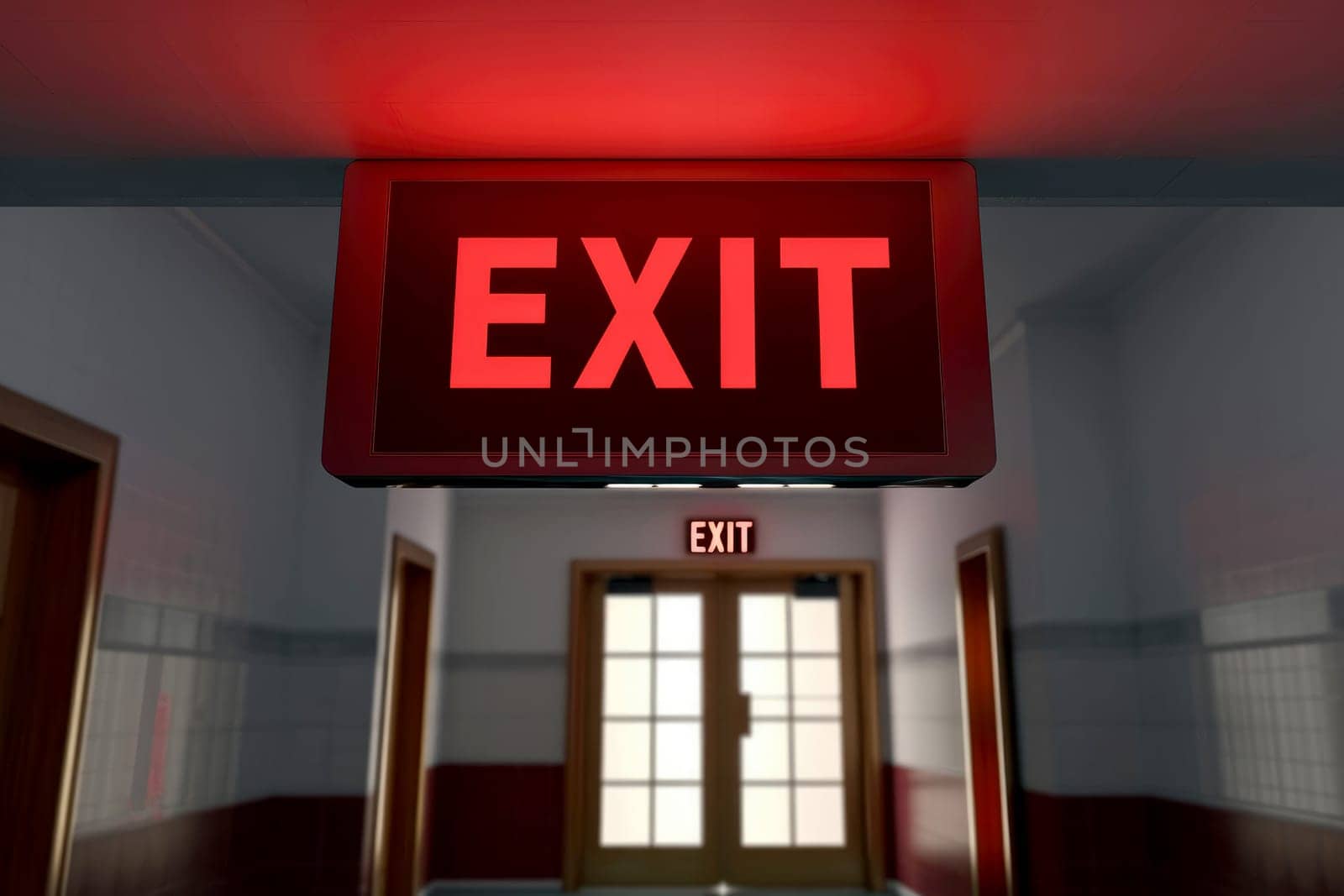 The Exit sign glowing in red shows the word EXIT to doorway. Generative AI..