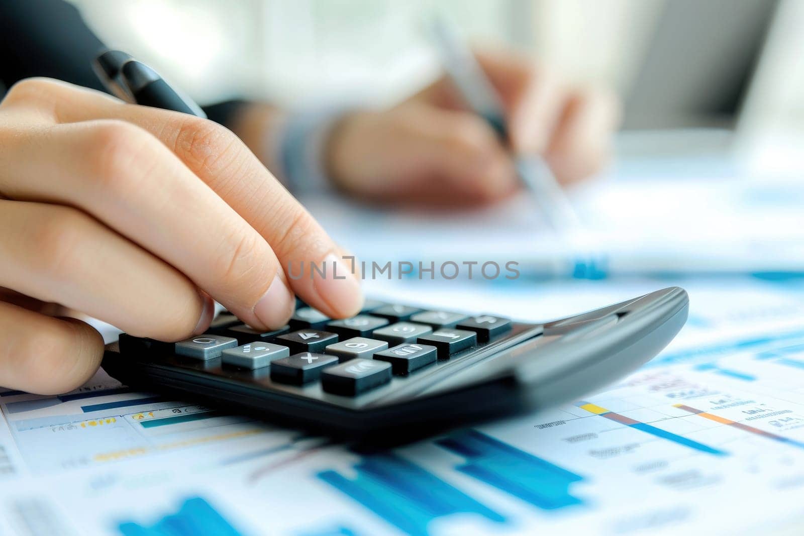 Financial data analyzing counting concept for Businessman's hands with calculator and laptop on desk in modern office. Generative AI.