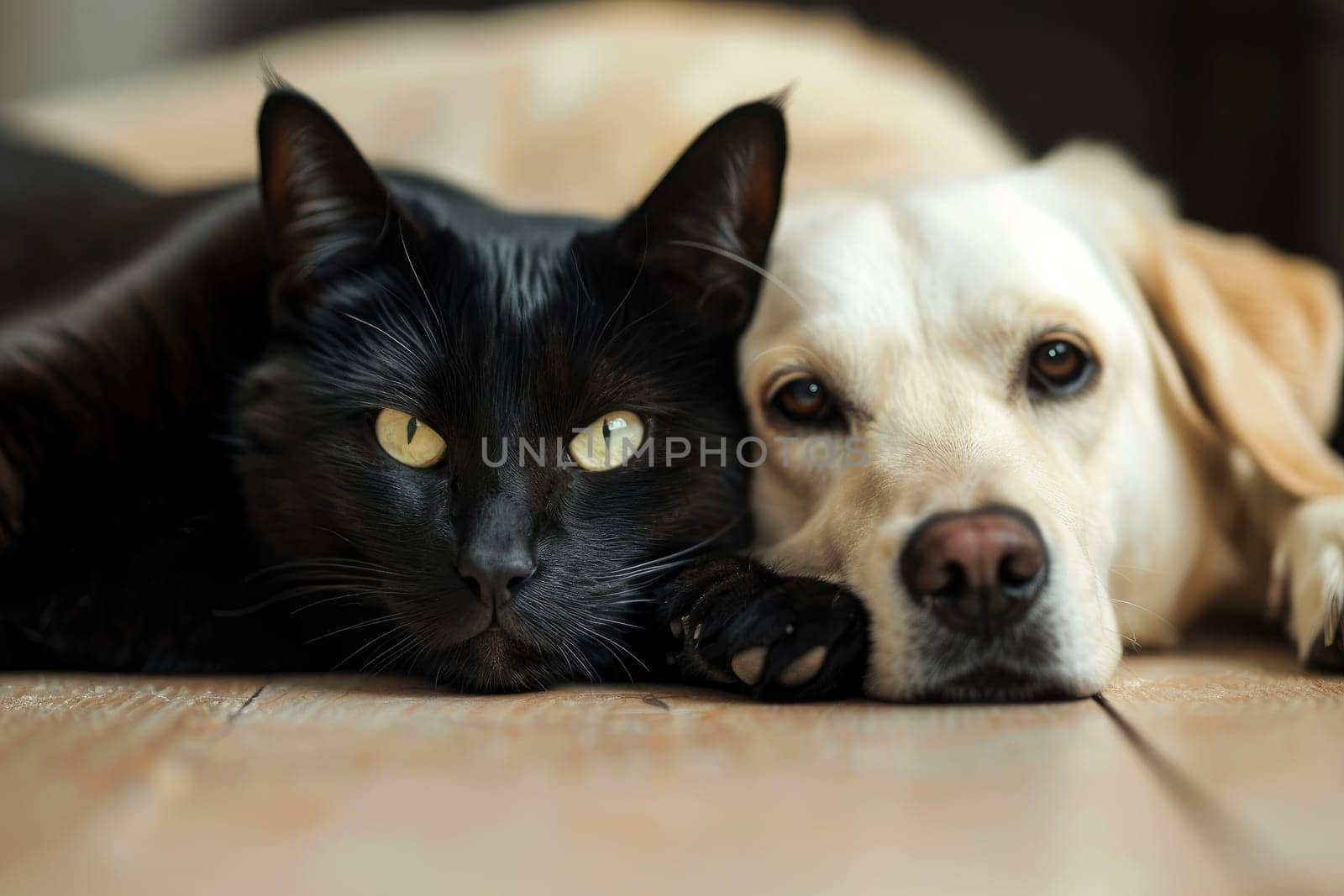 white dog and black cat looking at the camera lying together on the floor.AI generative.