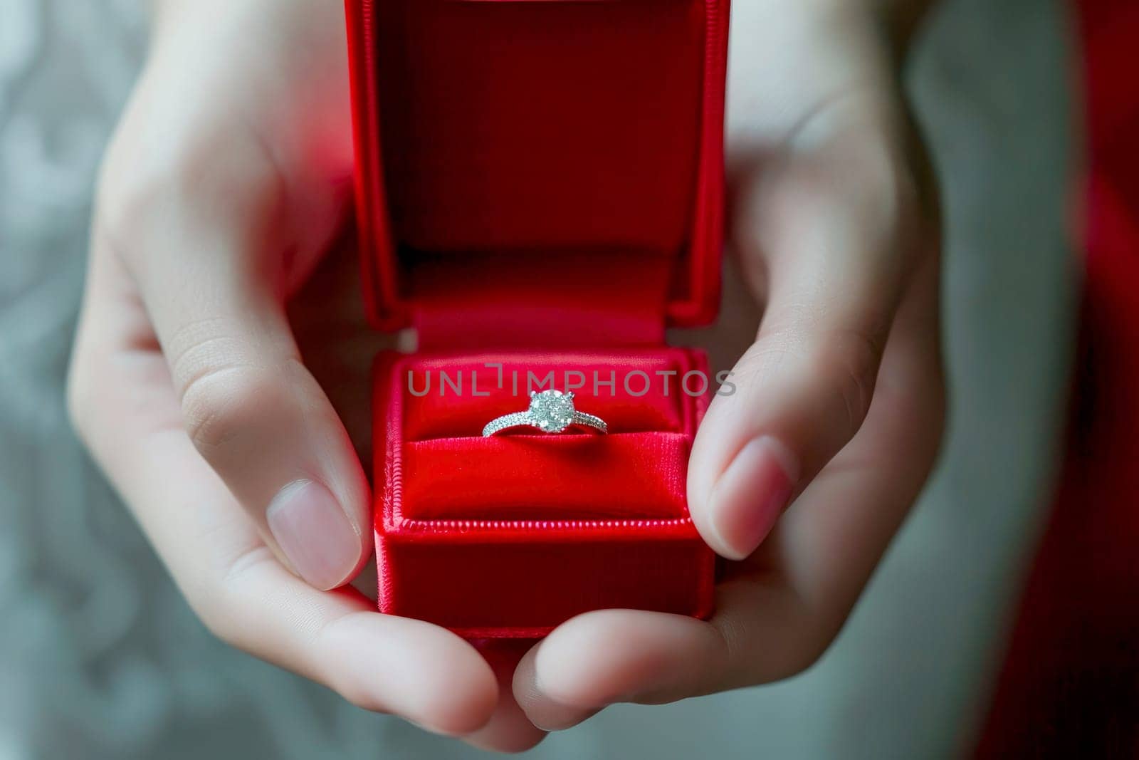 diamond ring in red box in woman hand on . ai generative. High quality illustration