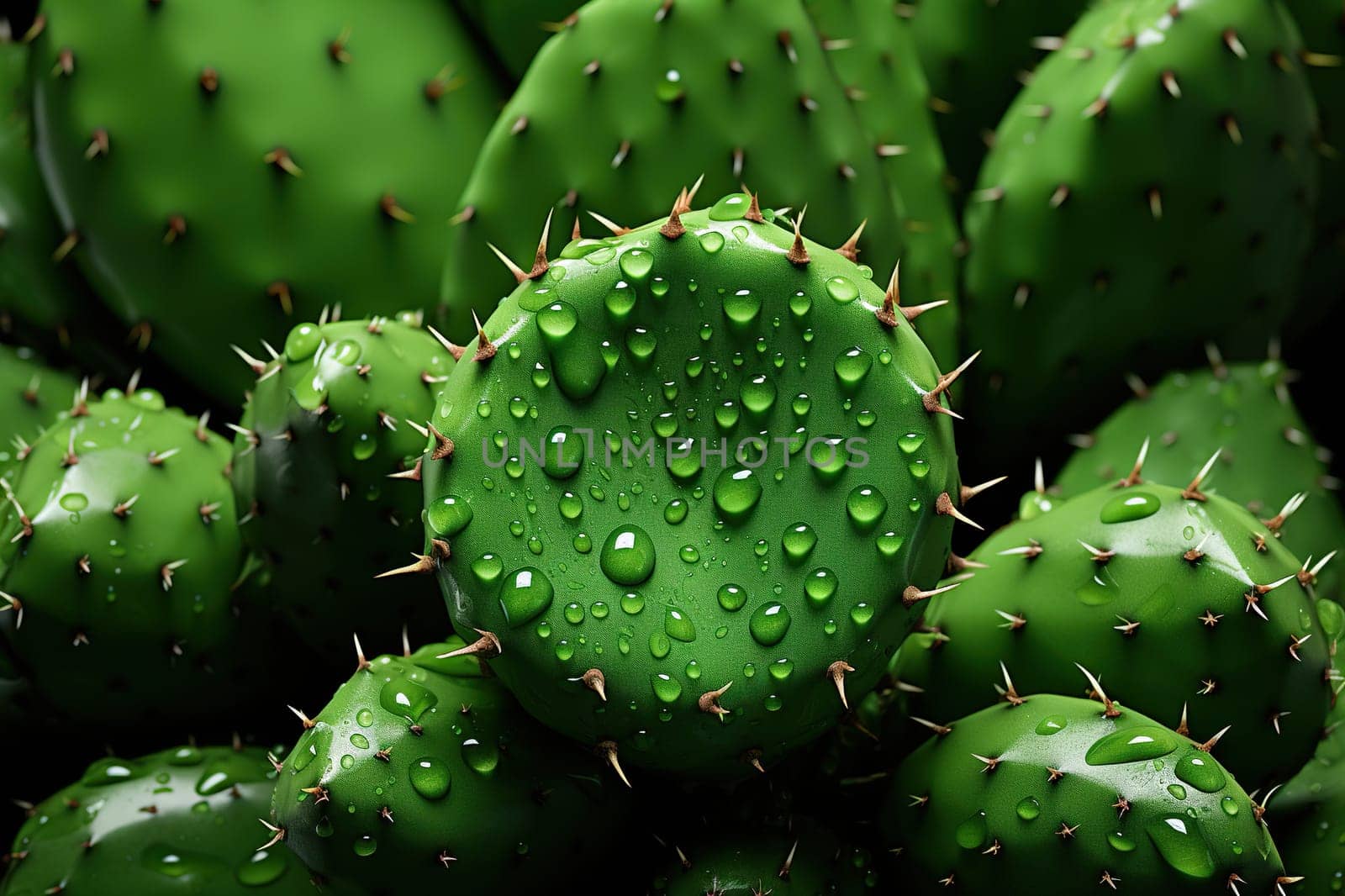 Close-up texture of a cactus with spines in water droplets.