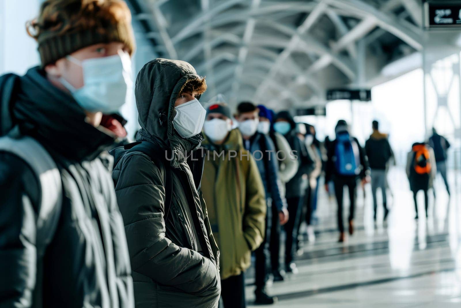 people Traveling line up apart at Airport with Face Mask - Generative AI.