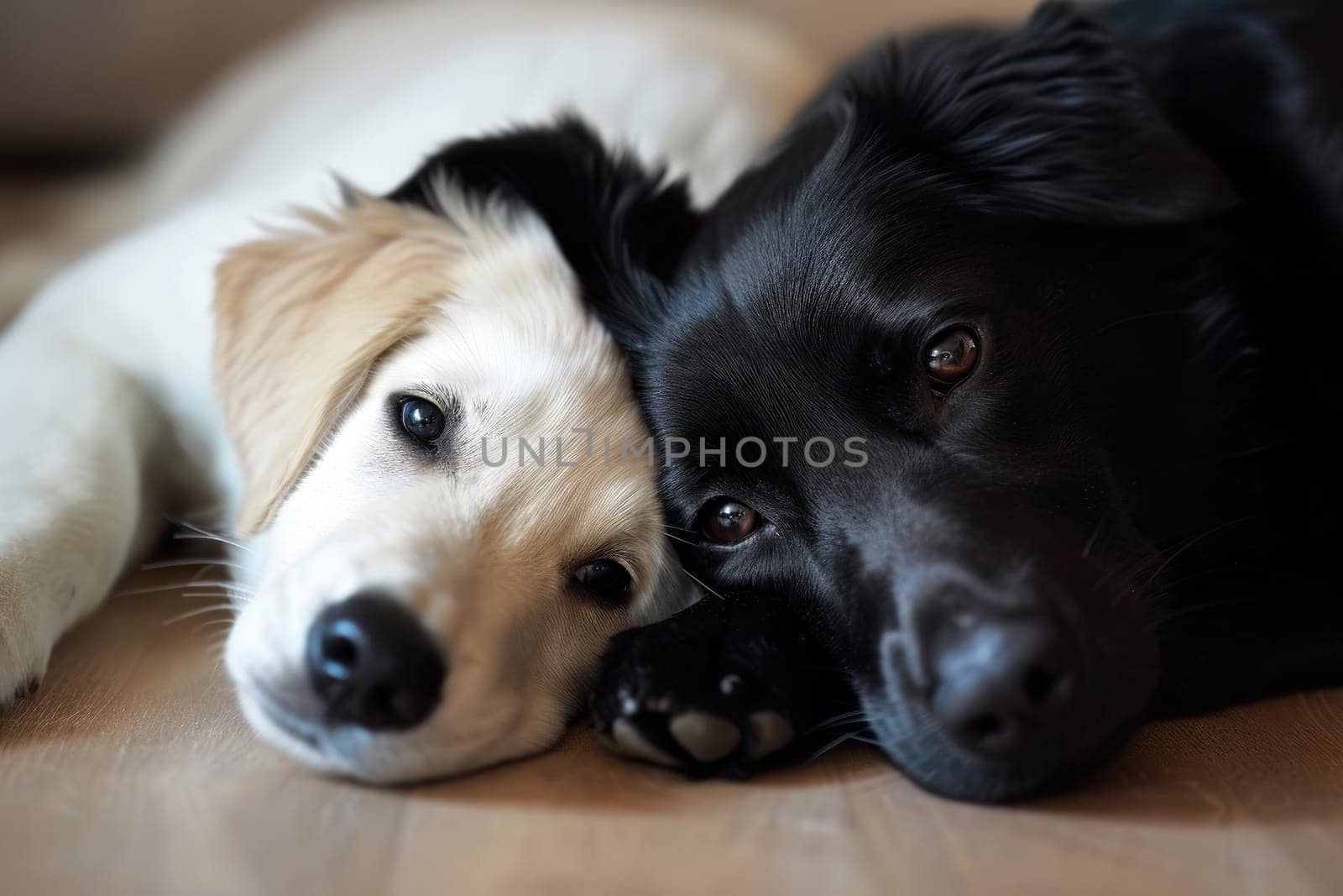 white dog and black cat looking at the camera lying together on the floor.AI generative.