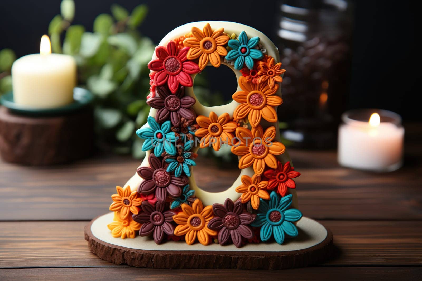 Number 8 with plasticine flowers on a wood background. Women's day, birthday concept.