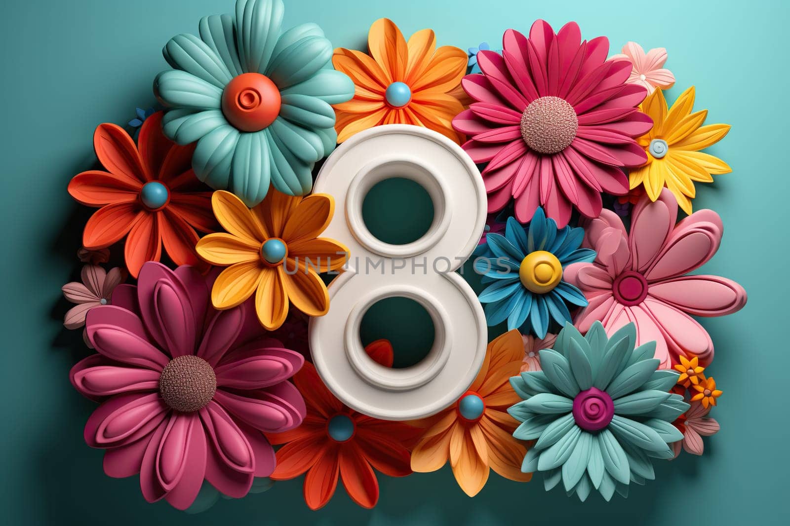 Composition with the number 8 and flowers made of paper, plasticine. March 8 concept.