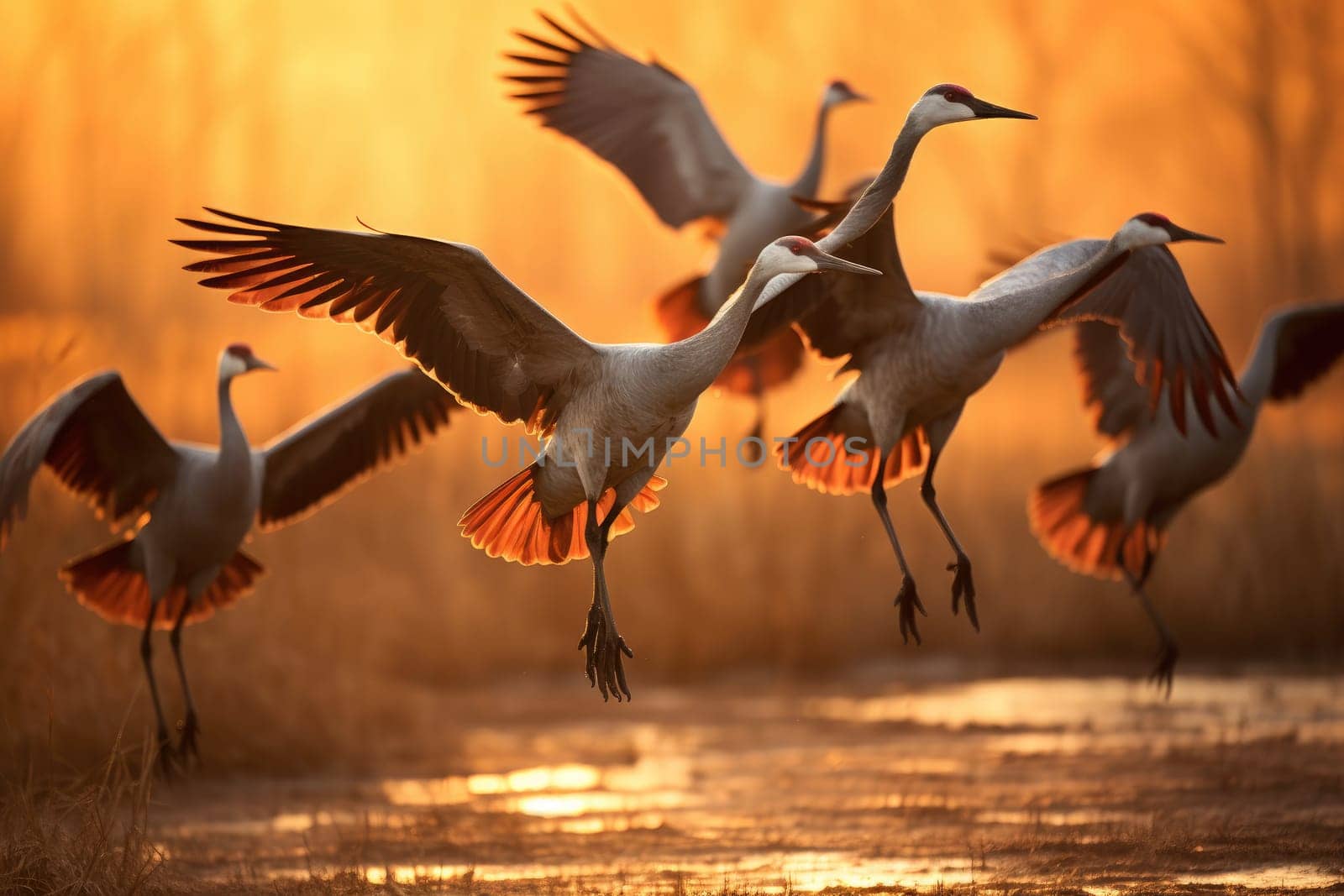 A flock of Sandhill Cranes during their fall migration. AI generative.