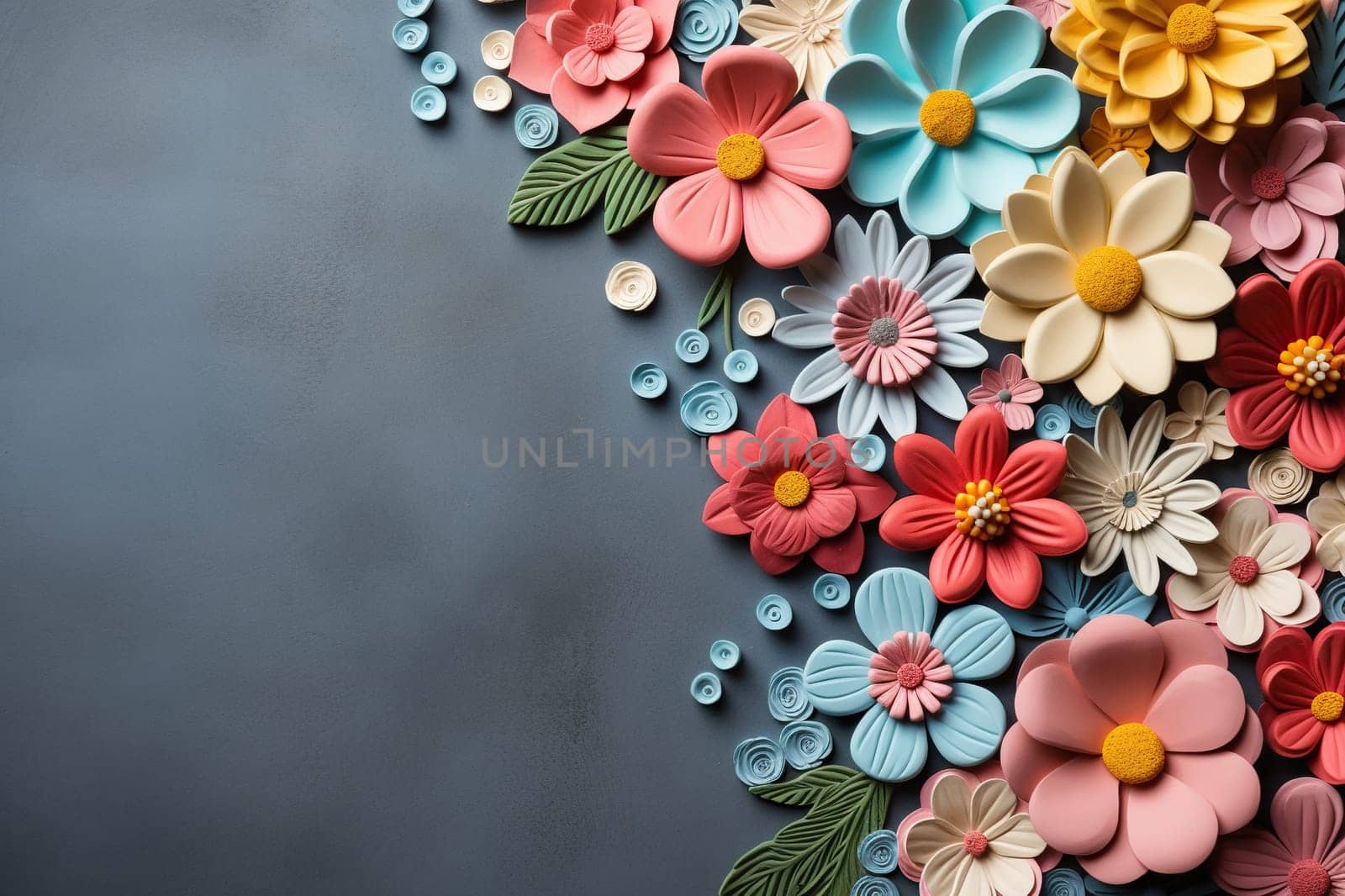 Background of multi-colored flowers cut out of paper.