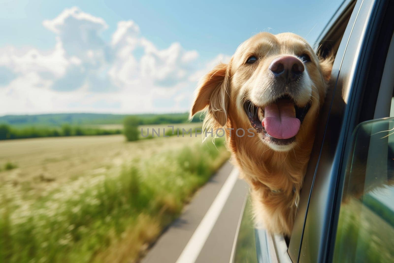 animal travel, happy dog with head out of the car window having fun, traveling concept.