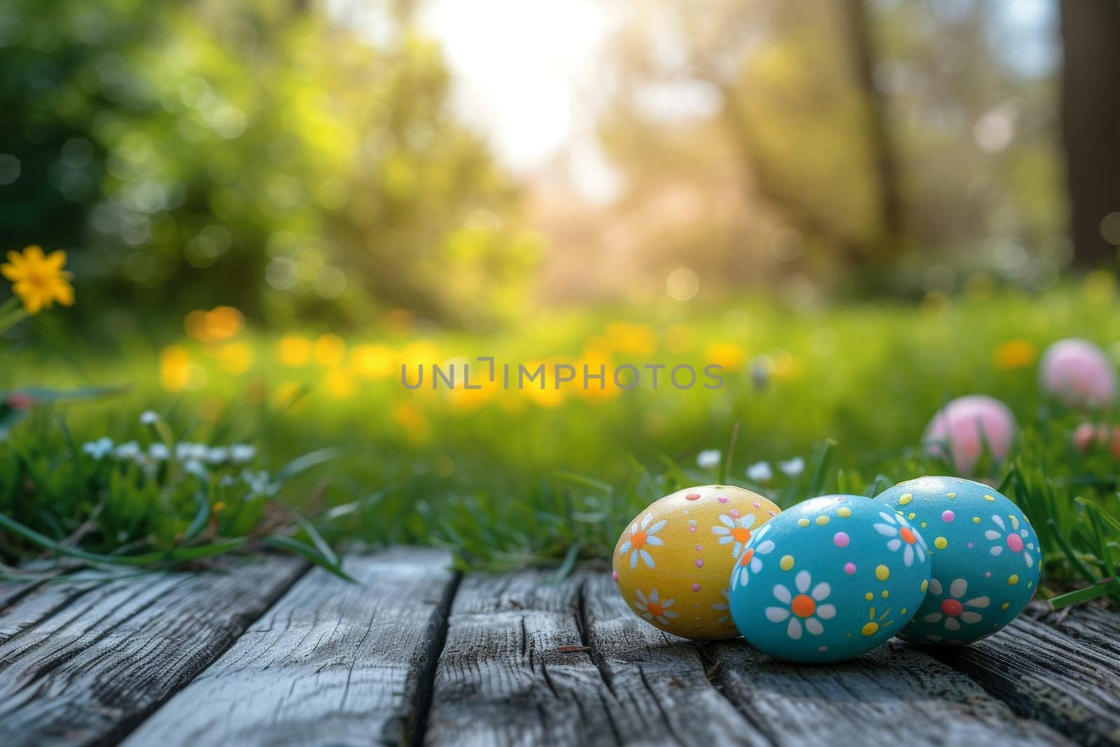 Happy Easter, Empty wooden table easter eggs theme on garden background, easter eggs background.