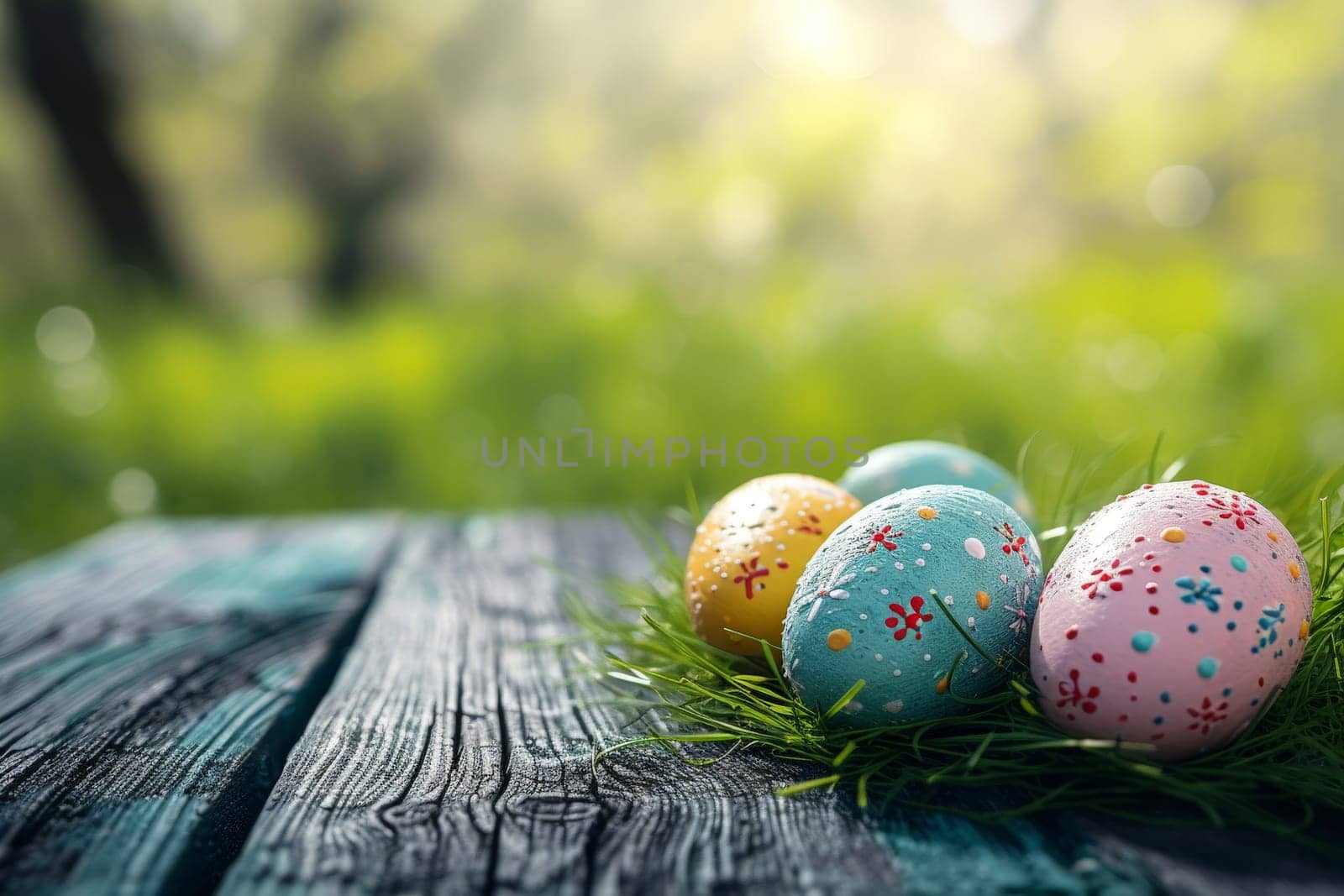 Happy Easter, Empty wooden table easter eggs theme on garden background, easter eggs background.