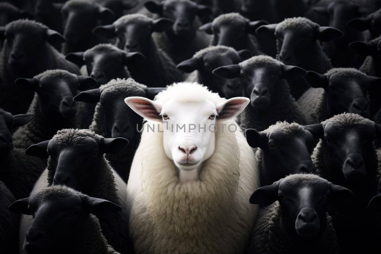 A flock of black sheep with white in the middle. generative ai.