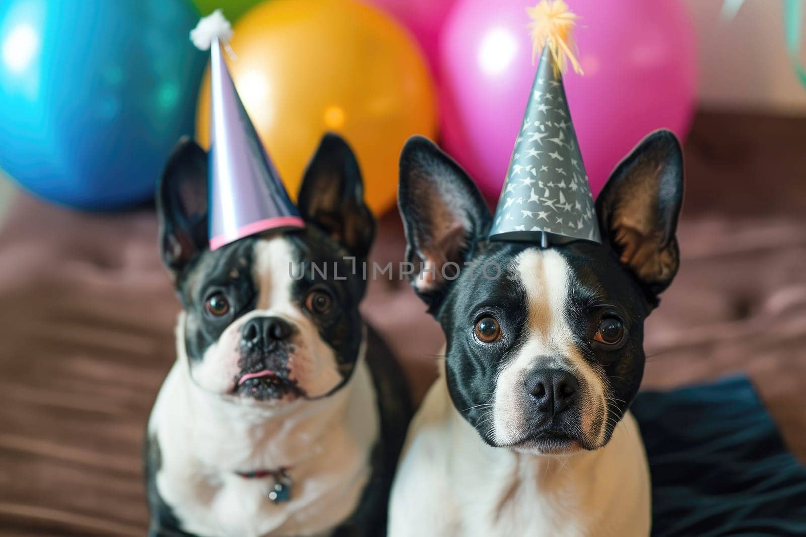 French bull dog wearing a paper party hat . AI generative.