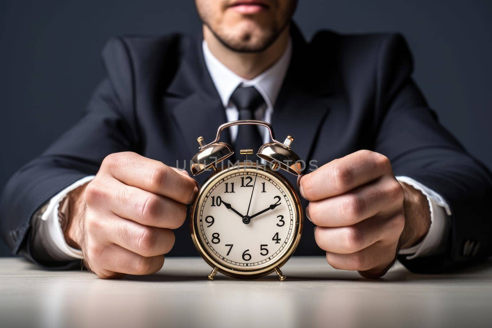 Concept of time management with man and big clock. Generative AI..
