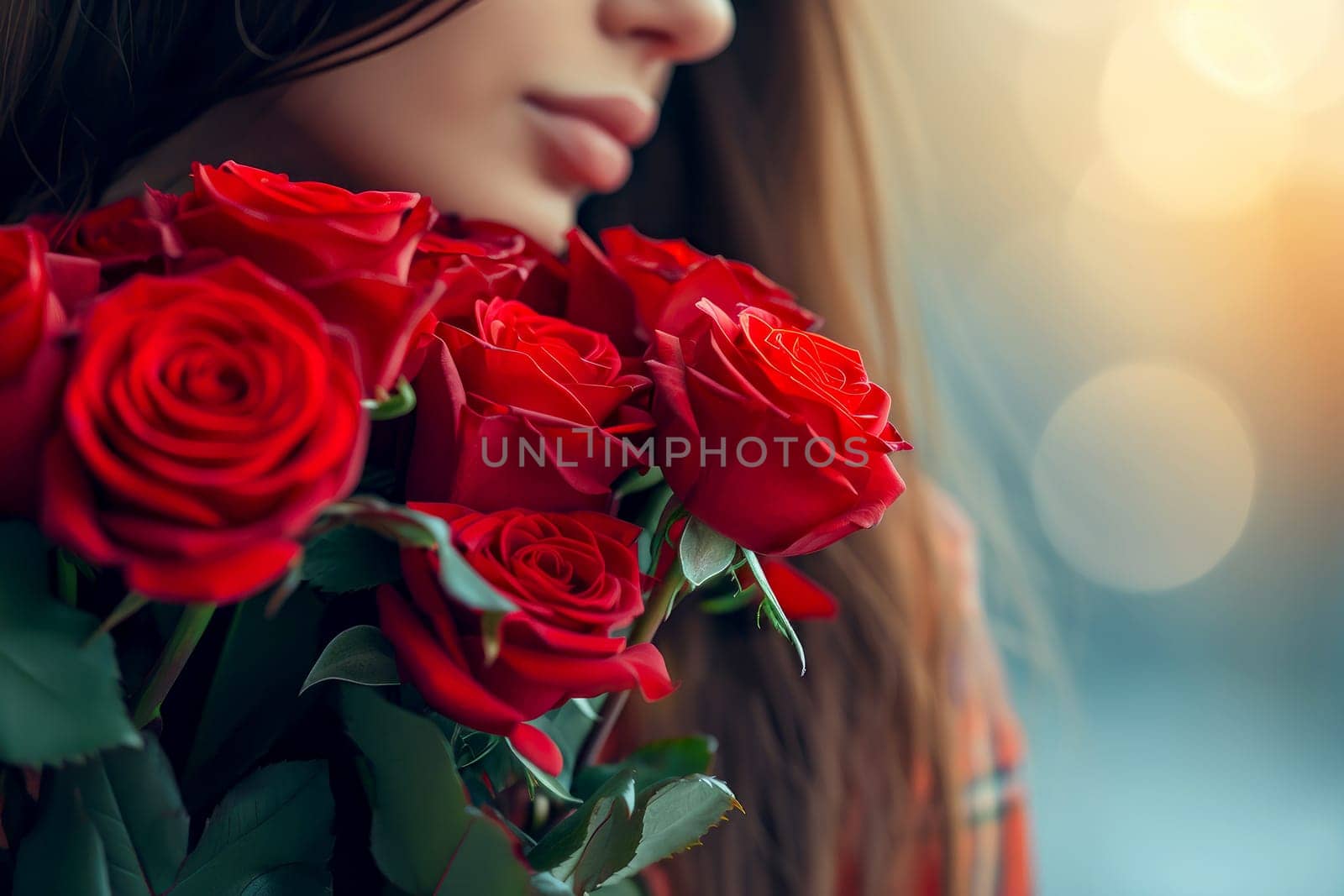 a woman holding a bouquet of roses.ai generative by matamnad