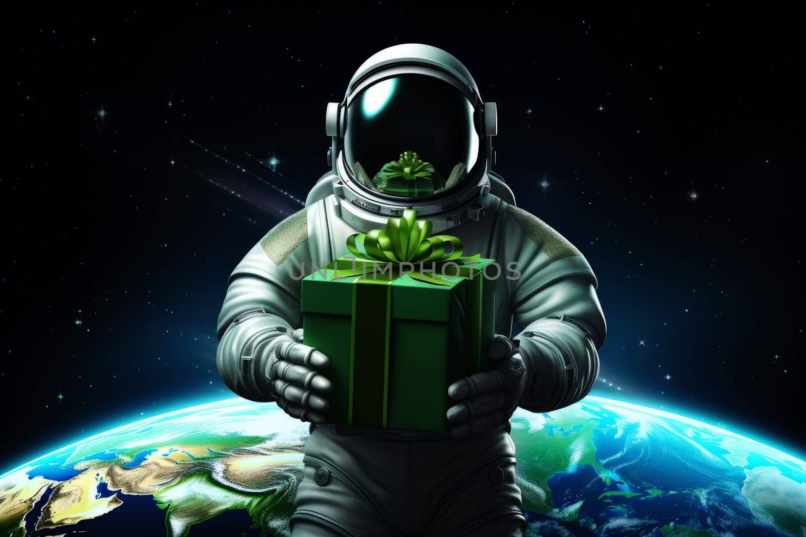 An astronaut holding a Saint Patrick's Day gift box on the moon, . Generative AI..