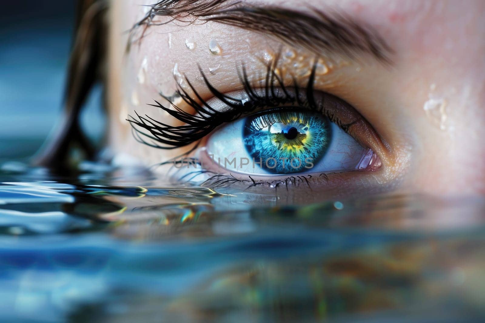 AI generated illustration of a woman's eye above the surface of water.