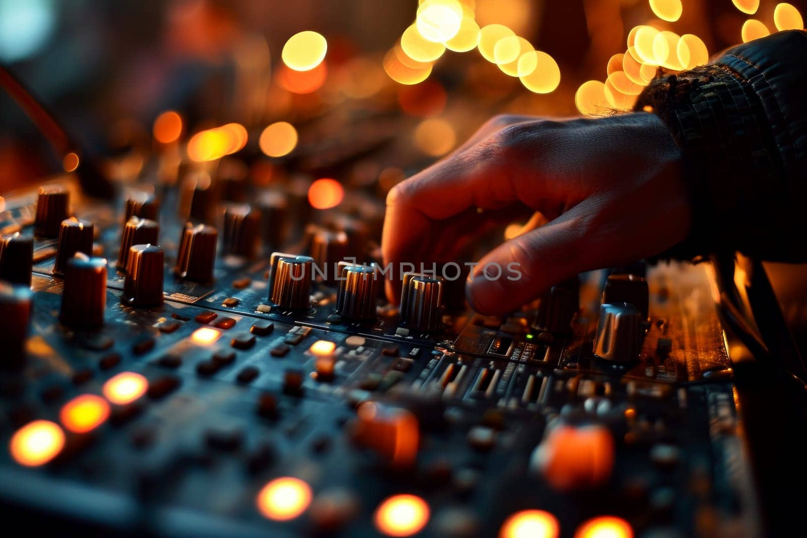Hands of professional sound producer working on mixing desk in recording studio, Generative AI.