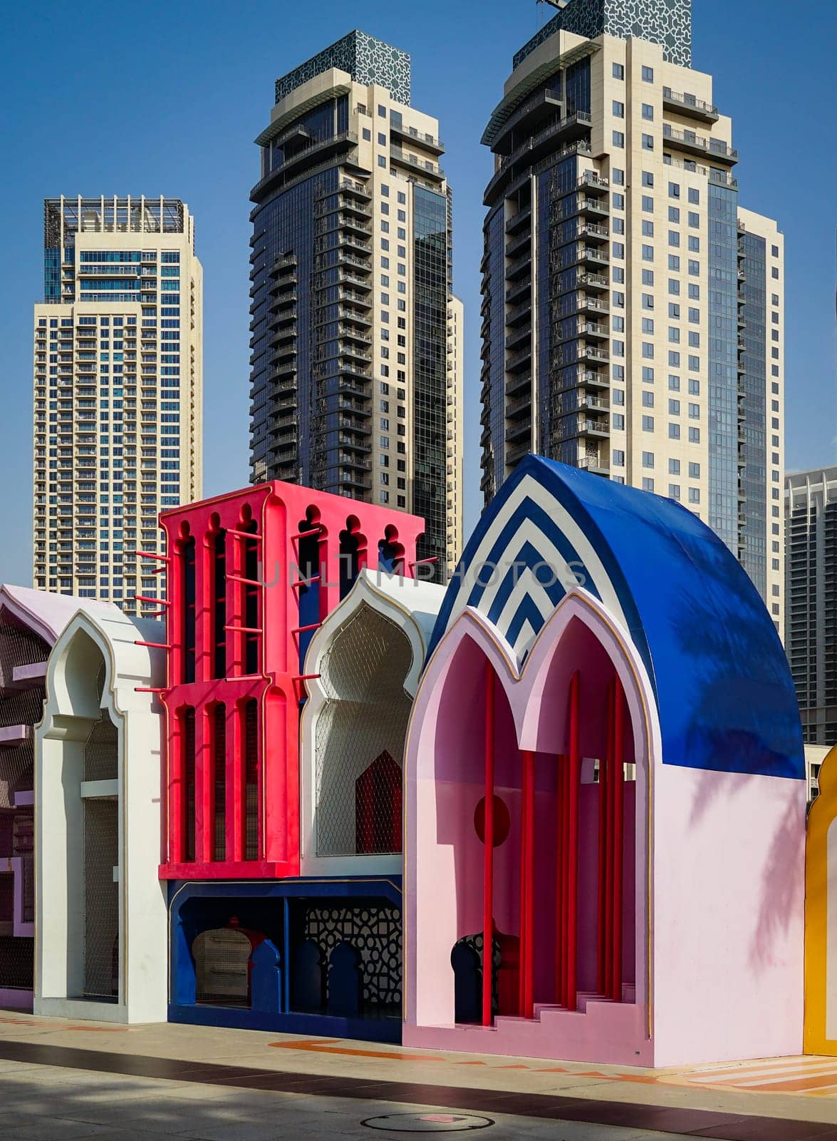 A beautiful and colorful playground depicting the ancient minarets at Dubai Creek Harbour in Ras al Khor, Dubai, United Arab Emirates.