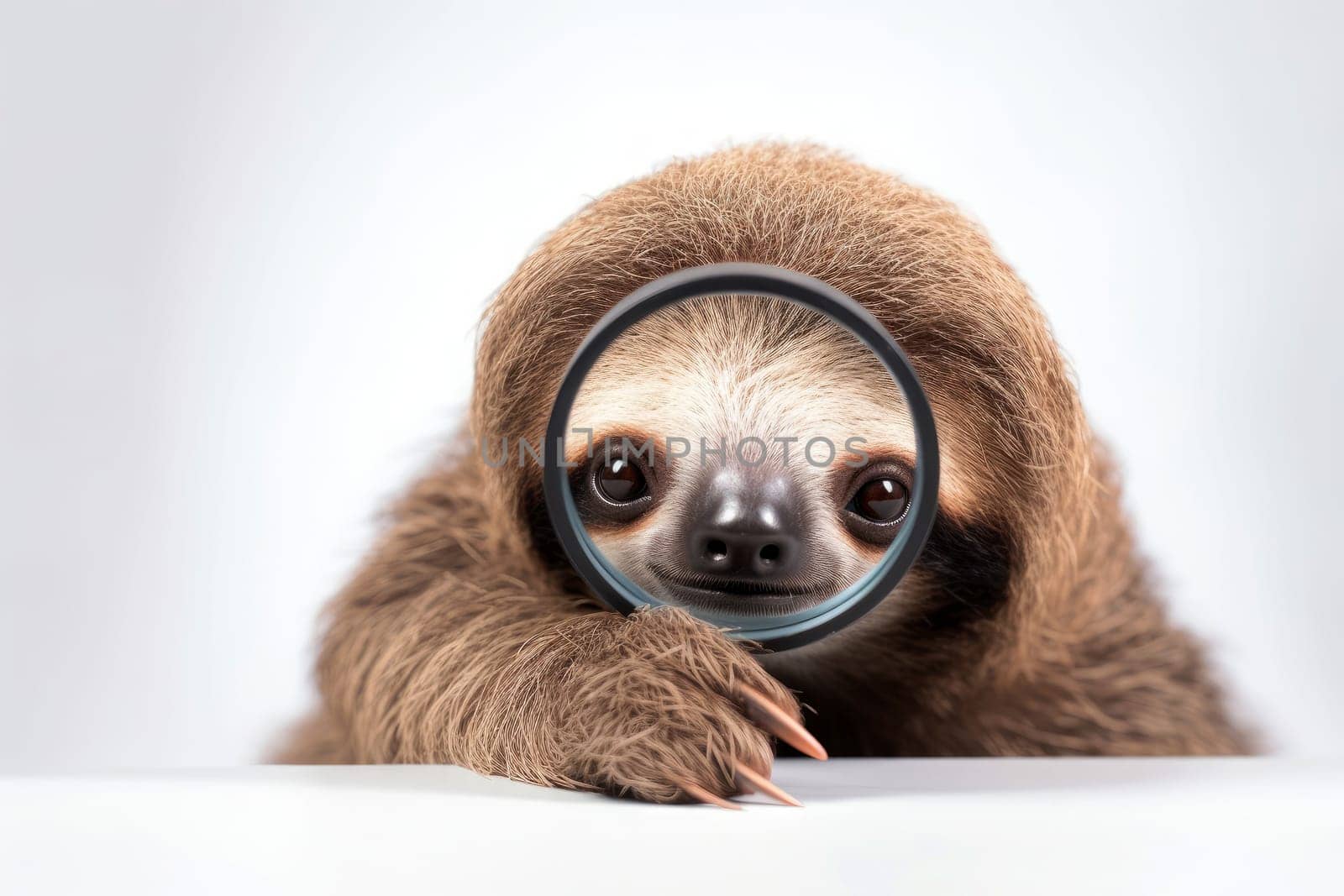 A sloth hold with a magnifying glass on white background . AI generated.