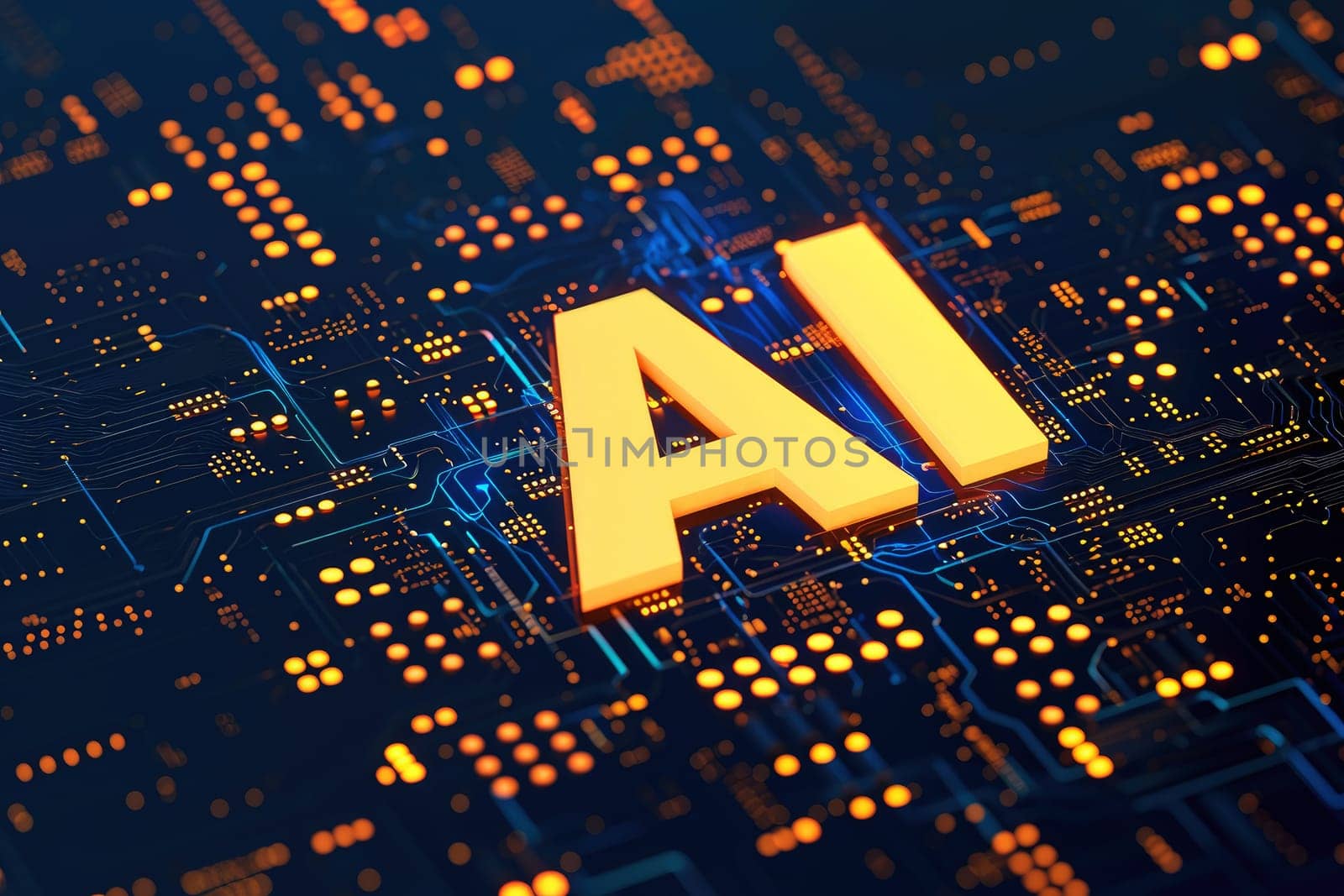 AI text on CPU Circuit board, Artificial Intelligence concept. AI generative.