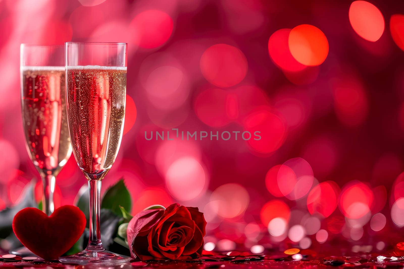 valentine day celebration with champagne, bokeh background. Generative AI.